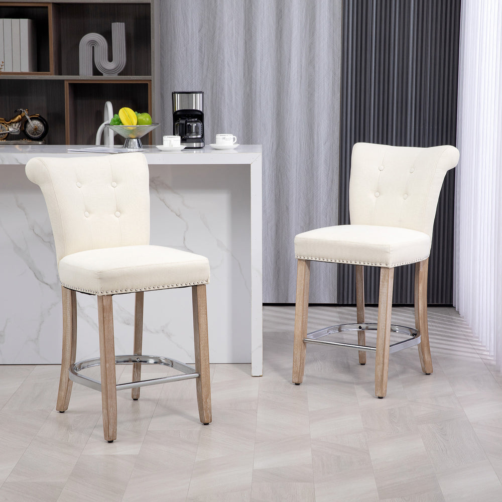 Set of 2 padded bar stools with tufted backrest, cream white