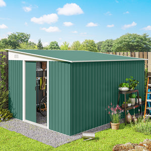 Steel garden shed with double sliding doors and 2 vents, green