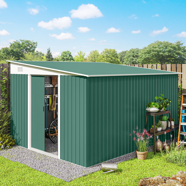 Steel garden shed with double sliding doors and 2 vents, green