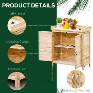 Wooden garden shed with interior shelf and double door, natural color