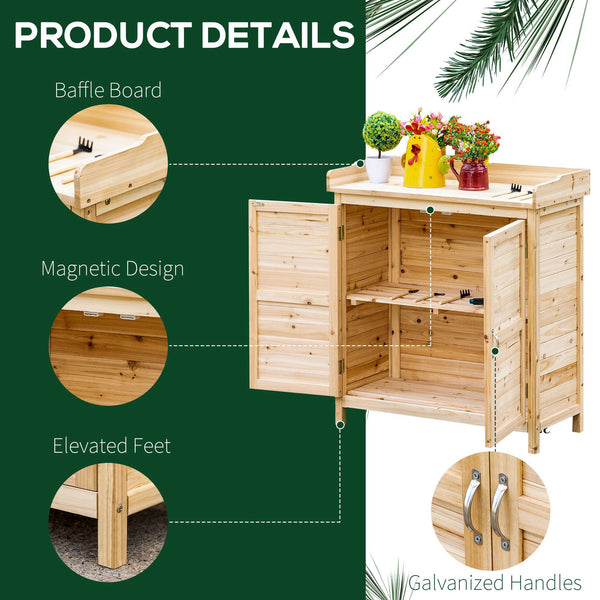 Wooden garden shed with interior shelf and double door, natural color