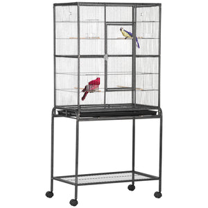 Metal rolling bird cage with removable stand with wheels, black