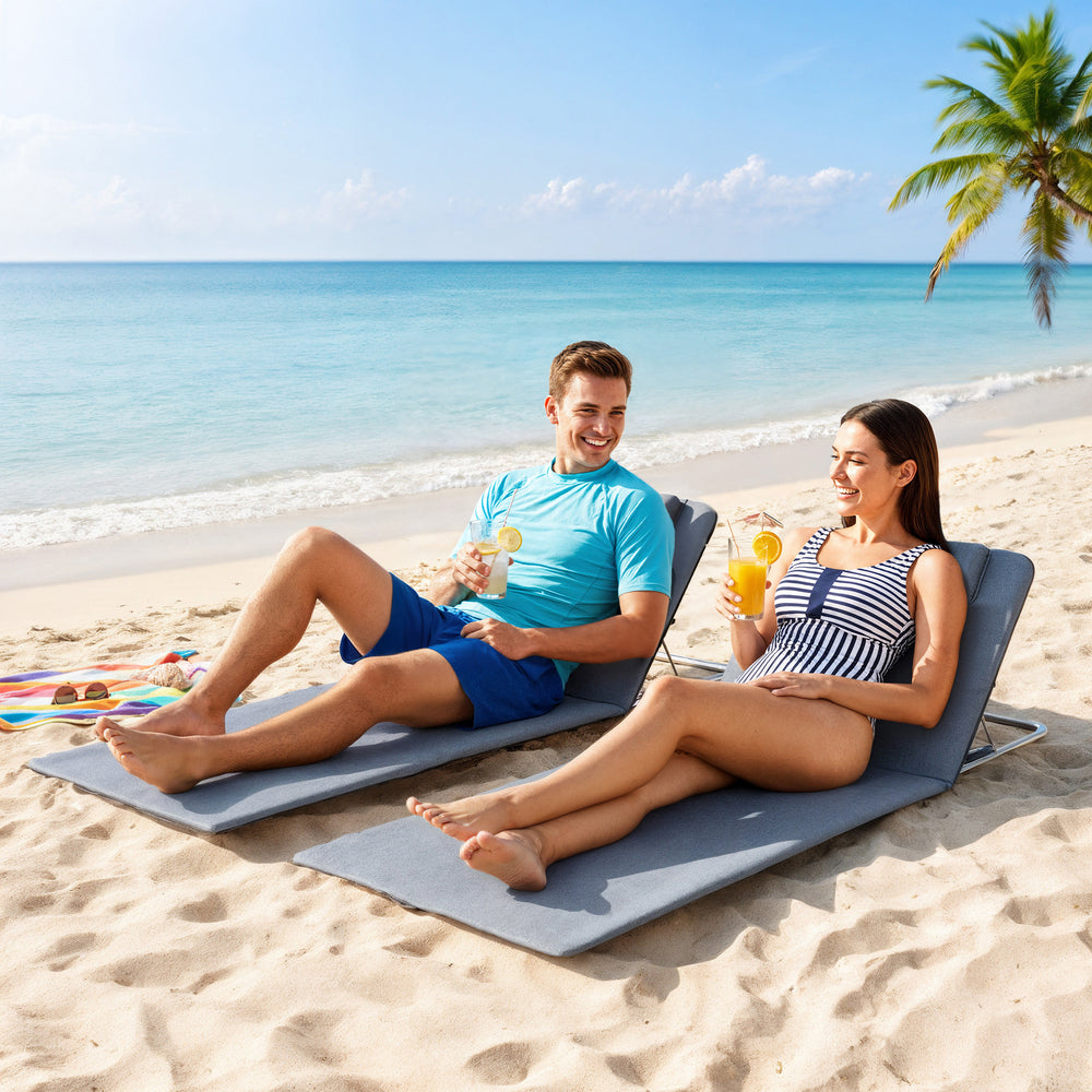 2 Pieces Beach Lounge Chair, Outdoor Folding Chaise Lounge Set w/ Pillow for Sunbath, Snap, Grey