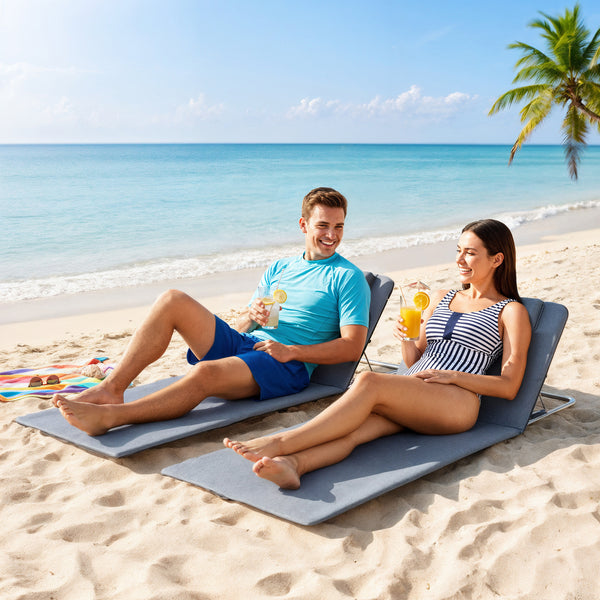 2 Pieces Beach Lounge Chair, Outdoor Folding Chaise Lounge Set w/ Pillow for Sunbath, Snap, Grey