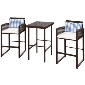 Ensemble de bar 3 pièces en osier, table et chaises de bar avec coussins