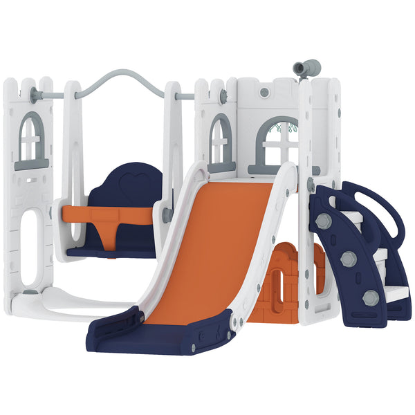 Ensemble de jeux d'intérieur Qaba 6 en 1 avec toboggan, balançoire, panier de basket, structure d'escalade, espace de rangement et télescope