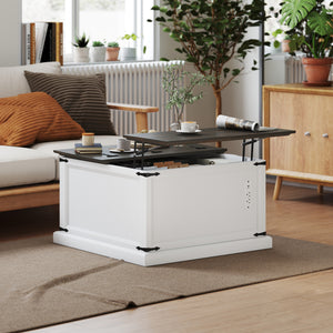 Table basse relevable avec station de recharge, style campagnard avec rangement dissimulé, aspect bois blanc.