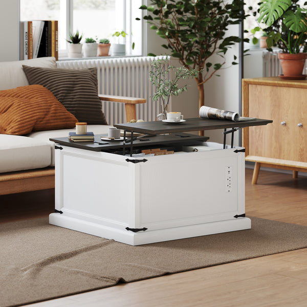 Table basse relevable avec station de recharge, style campagnard avec rangement dissimulé, aspect bois blanc.