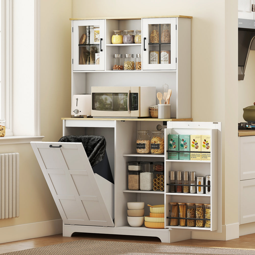 Meuble de rangement avec station de charge, poubelle de 7 gallons et étagères réglables, blanc