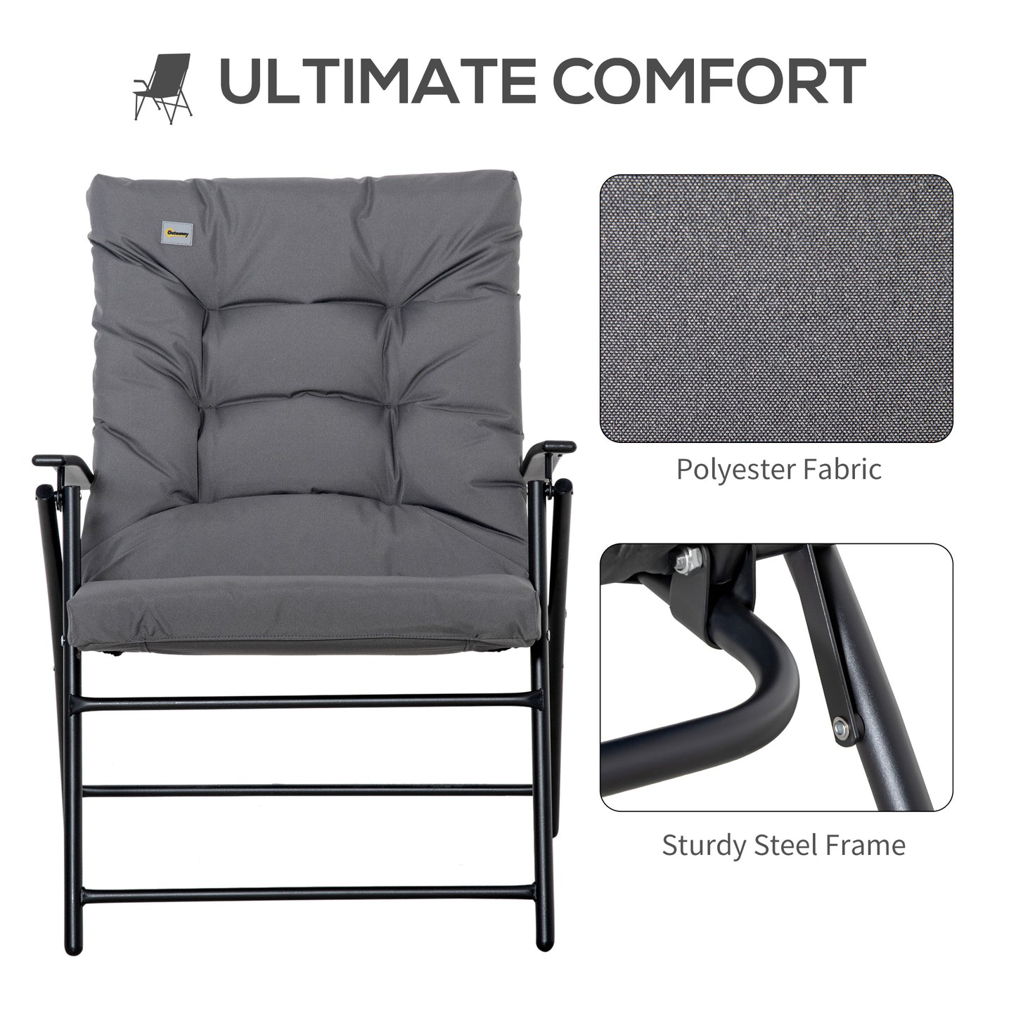 Chaise pliable inclinable en tissu avec accoudoirs, structure en métal, gris