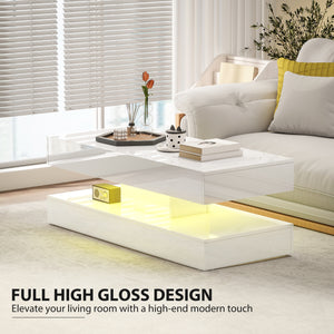 Table basse avec éclairage LED réglable et 2 tiroirs, blanc brillant