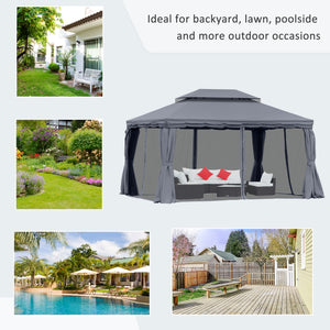 13' x 10' Patio Gazebo, Double Roof Outdoor Gazebo Canopy Shelter with Netting &amp; Curtains, Strong Aluminum Frame, Dark Gray