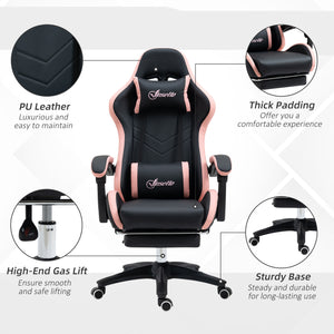 PU leather gaming chair with footrest, reclining backrest, black