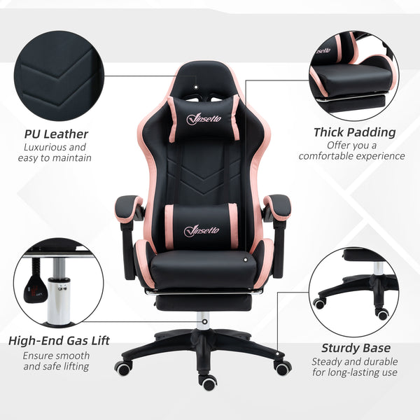 PU leather gaming chair with footrest, reclining backrest, black