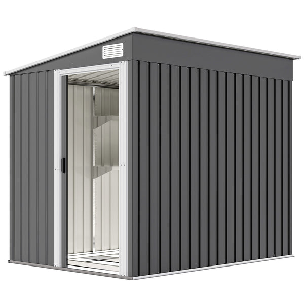 Lean-to garden shed in galvanized metal with foundation, sliding door and 2 vents, dark grey
