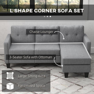 Canapé d'angle 3 places avec pouf, coussin épais et pieds en bois, gris clair