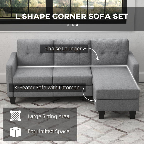Canapé d'angle 3 places avec pouf, coussin épais et pieds en bois, gris clair