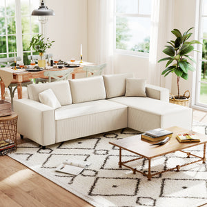Canapé d'angle avec méridienne convertible, ressorts ensachés, 2 coussins, blanc crème