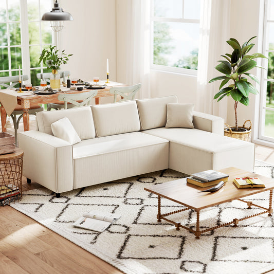 Corner sofa with convertible chaise longue, pocket springs, 2 cushions, cream white