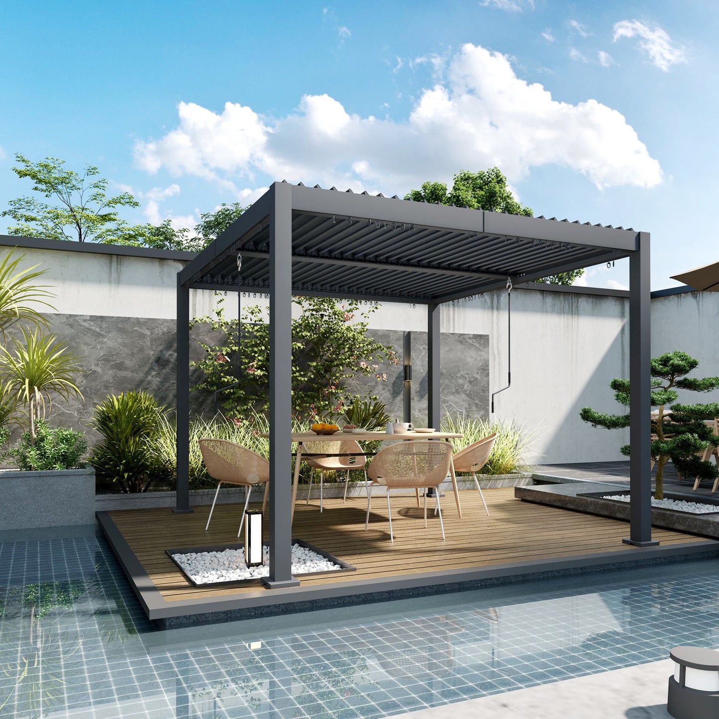 Pergola à persiennes 10' x 10' avec toit métallique réglable et cadre en aluminium à toit rigide avec système de drainage