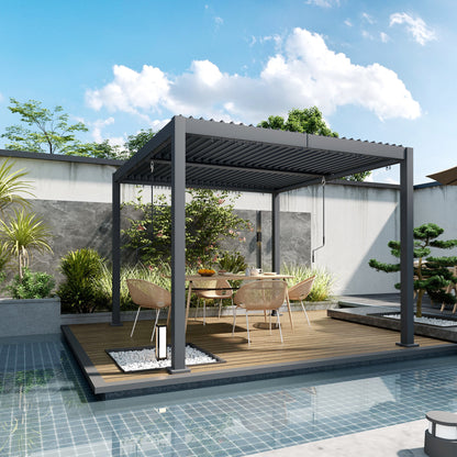 Pergola à persiennes 10' x 10' avec toit métallique réglable et cadre en aluminium à toit rigide avec système de drainage