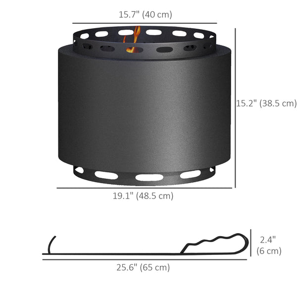 Braséro portable sans fumée, avec tisonnier, pour jardin, camping, feu de joie, métal, noir