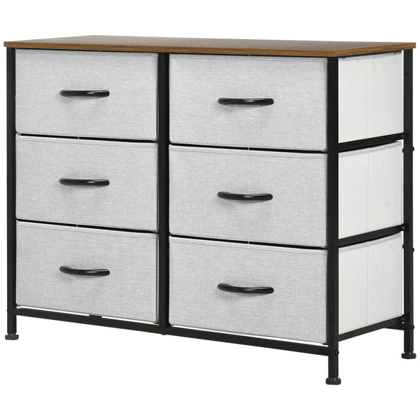 6-drawer fabric chest with steel frame, wood-effect top and handles, grey.