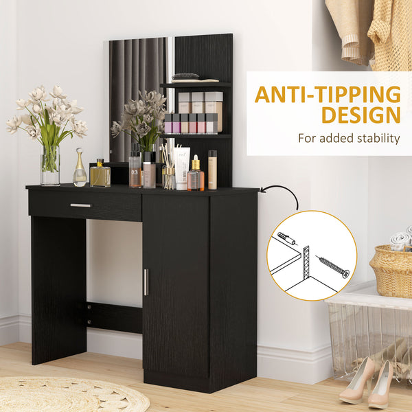 Coiffeuse avec miroir, tiroir, compartiment ouvert et étagères, noir
