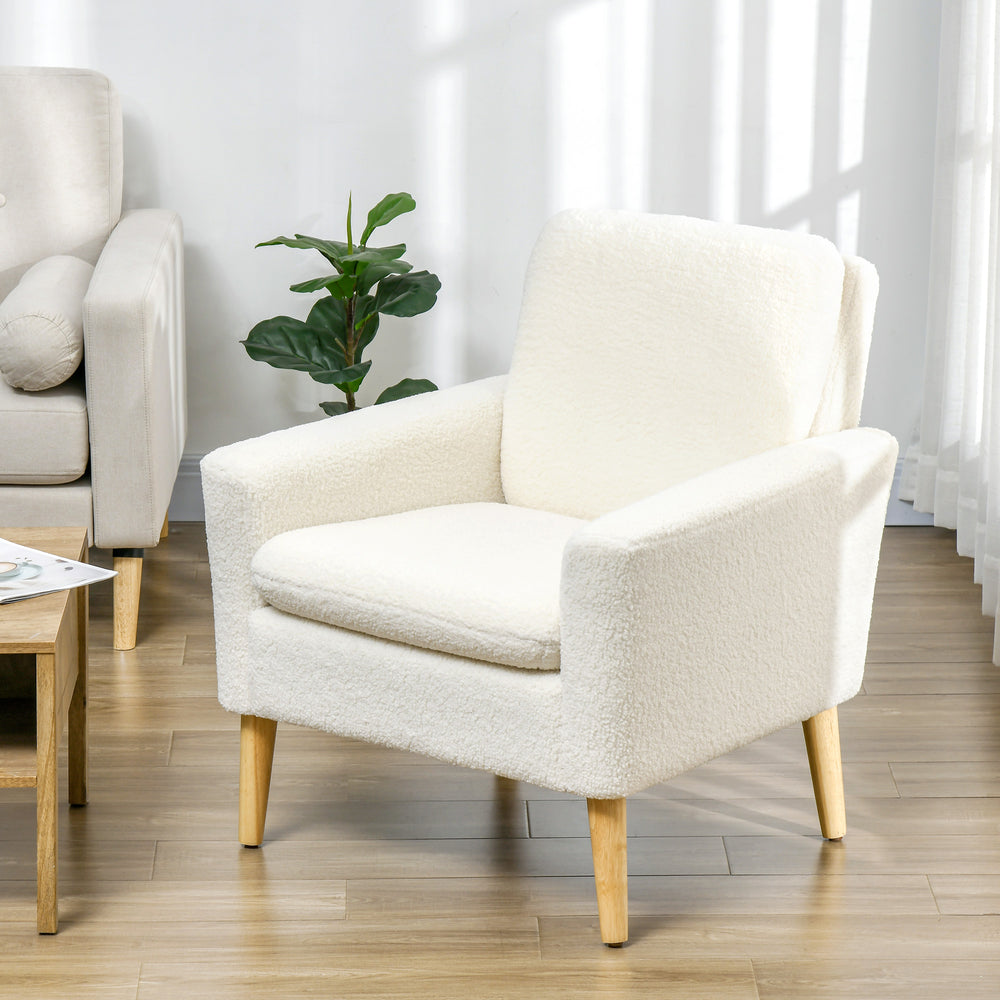 Fauteuil moderne rembourré avec pieds en bois et large assise rembourrée, blanc crème