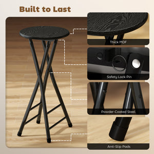 Set of 2 counter height folding bar stools with footrests and steel legs, black