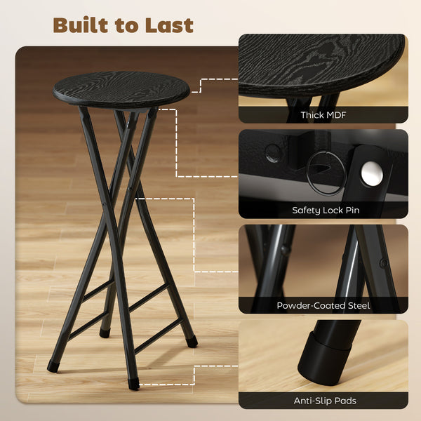 Set of 2 counter height folding bar stools with footrests and steel legs, black