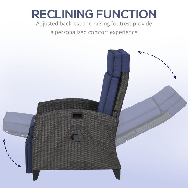 Outdoor Recliner Chair with Adjustable Backrest, Cushion, Side Tray, Blue
