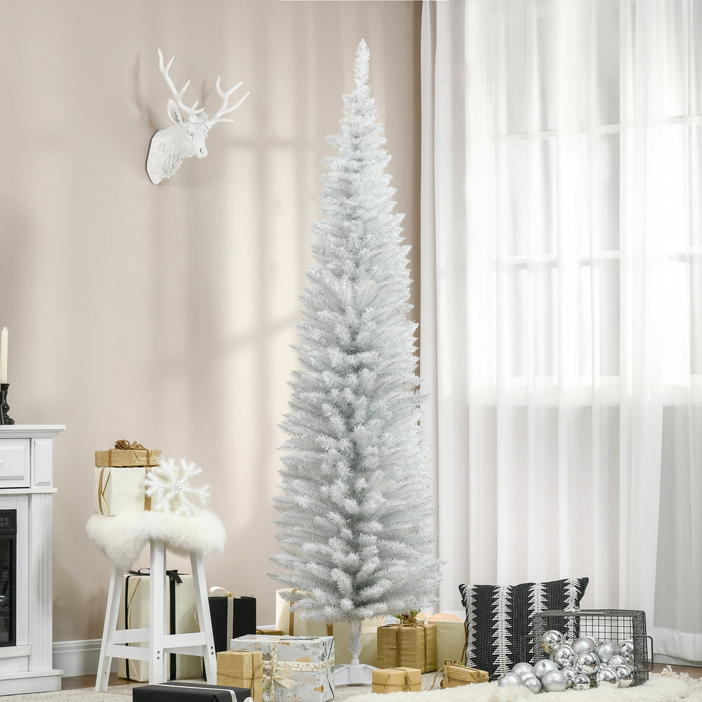 Sapin de Noël artificiel blanc de 7 pieds mince avec support en métal robuste