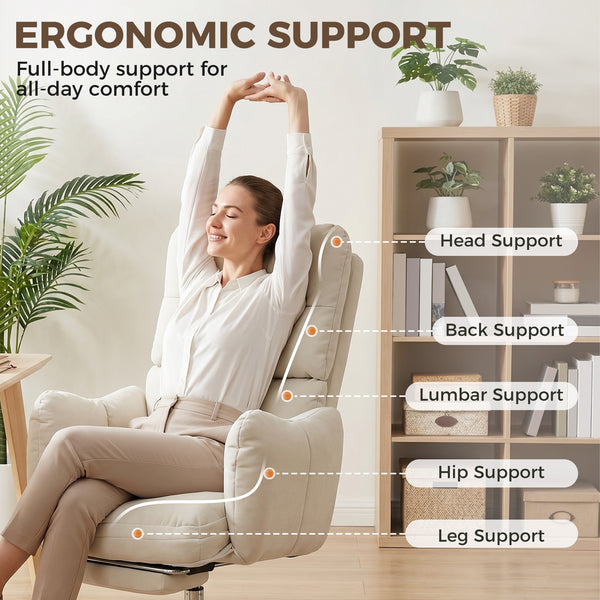 Office Chair with Foot Rest, Ergonomic Reclining Computer Gaming Chair with Snow Flannel Fabric, Thick Cushion, Cream
