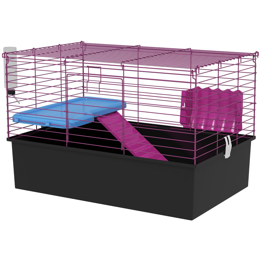 Small animal cage with water bottle, food bowl, platform, and ramp, black