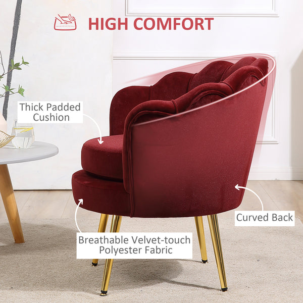 Fauteuil d'appoint lotus en tissu velours avec pieds en métal doré, bordeaux