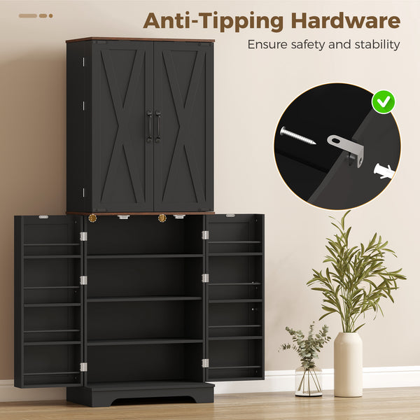 166 cm Kitchen Pantry Cabinet Adjustable Shelves Tall Storage Cabinet Door Shelves 8 Shelves Brown Black
