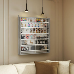 Vitrine à 7 niveaux en verre avec 2 portes vitrées et 6 étagères réglables, grise