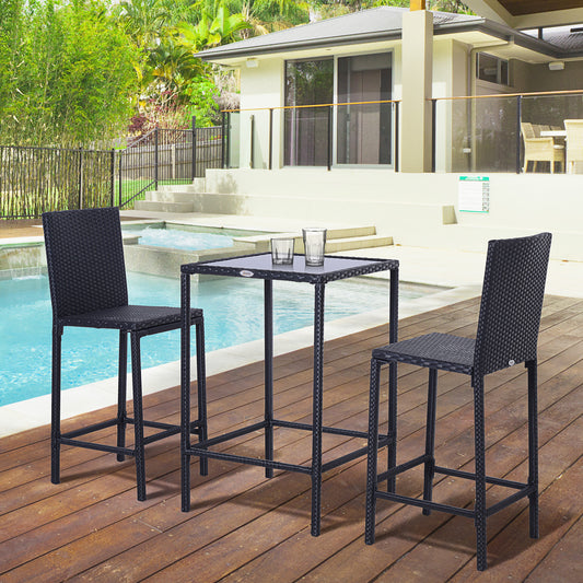 Outsunny 3 Piece Wicker Rattan Garden Bar Set, Bar Stool and Table for Patio, Garden, Balcony, Poolside, Black