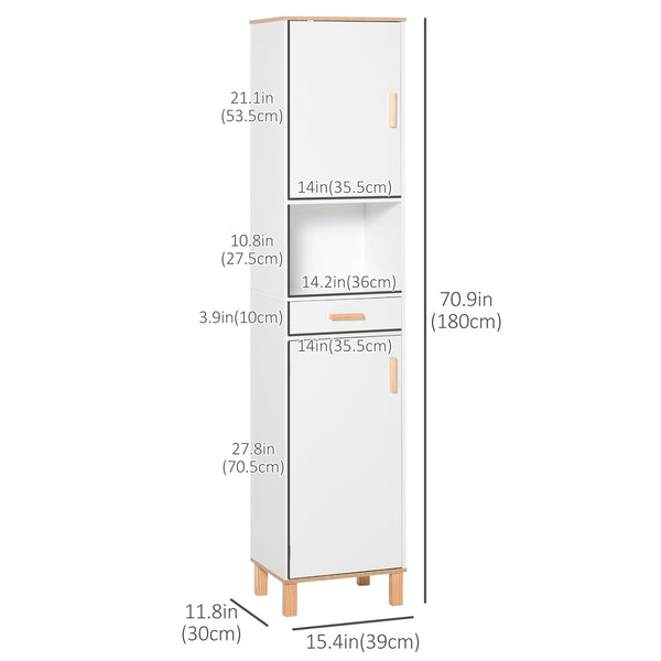 White bathroom storage cabinet with cupboards and drawer