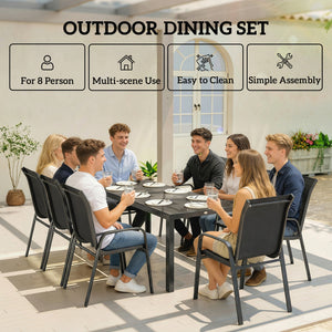 Ensemble de patio 9 pièces, chaises empilables avec plateau en verre pour jardin, terrasse, cour, noir