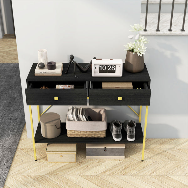 Entrance console with 2 drawers and storage shelf, black