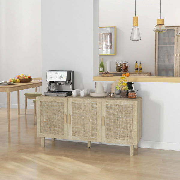 Bohemian sideboard with 3 rattan doors and adjustable shelves, natural