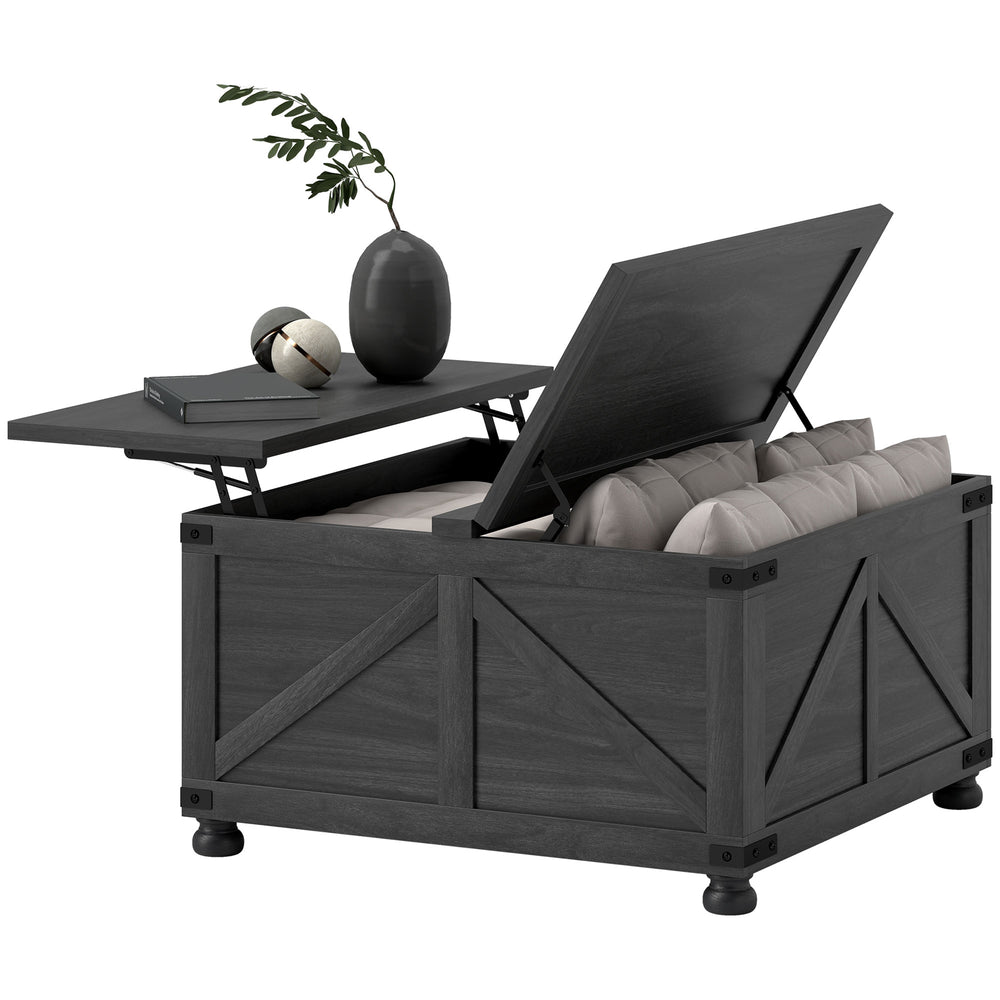 Table basse avec plateau relevable de style campagnard avec compartiment caché pour le salon, grain de bois noir