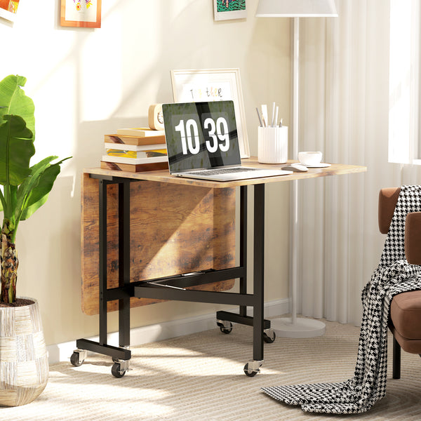 Table à manger pliante à abattants sur roulettes pour 6 personnes – Brun rustique et noir