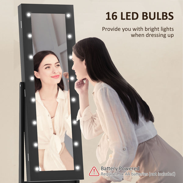 HOMCOM Freestanding Armoire Jewelry Cabinet Lighted Mirror Angle Adjustable 16 LED Lights Black |