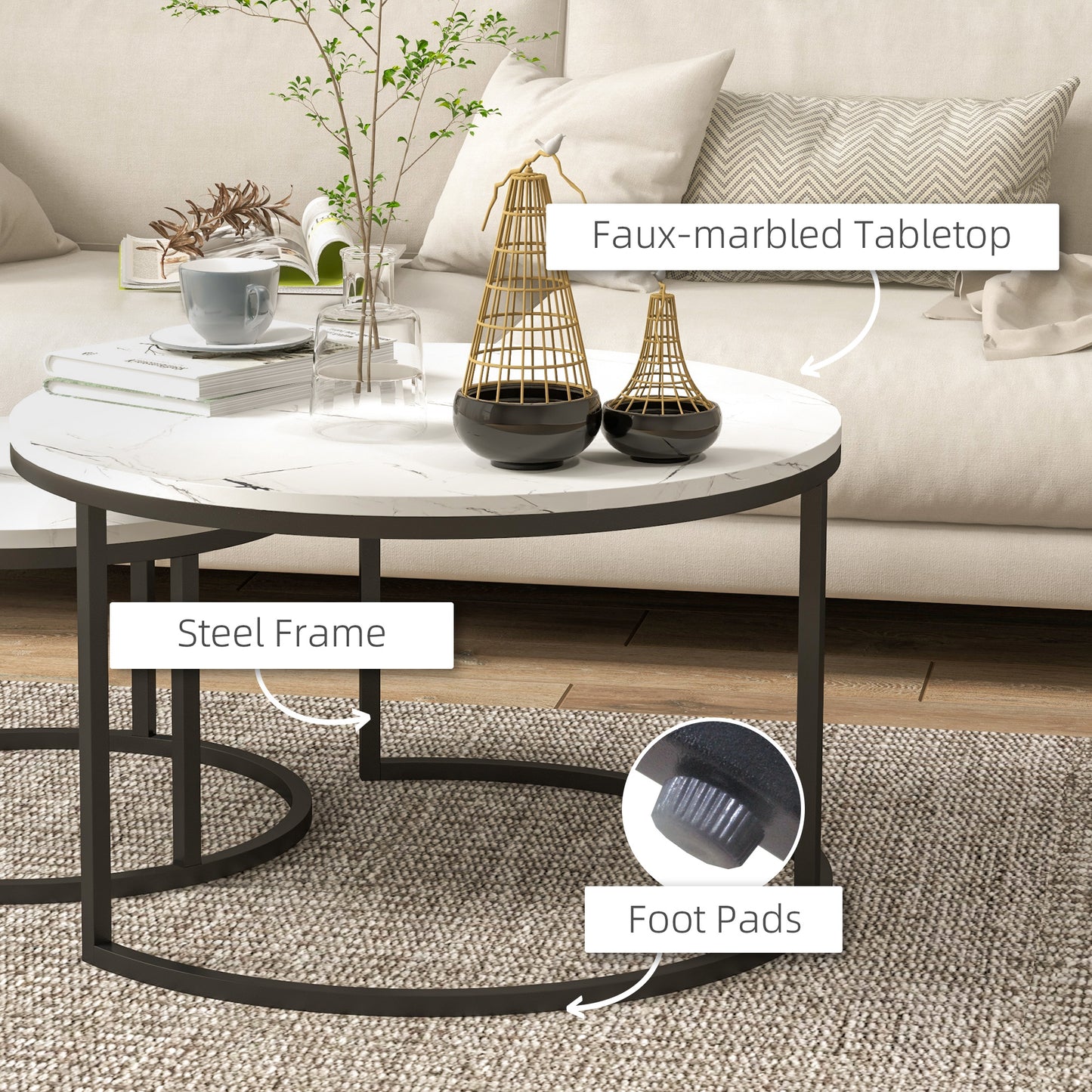 Lot de 2 tables basses modernes avec base en métal, imitation marbre blanc