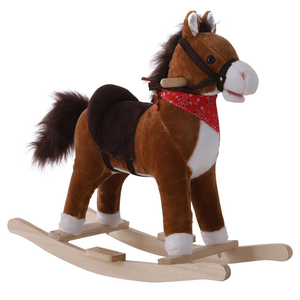 Cheval à bascule en peluche avec écharpe sonore incluse, rouge et marron