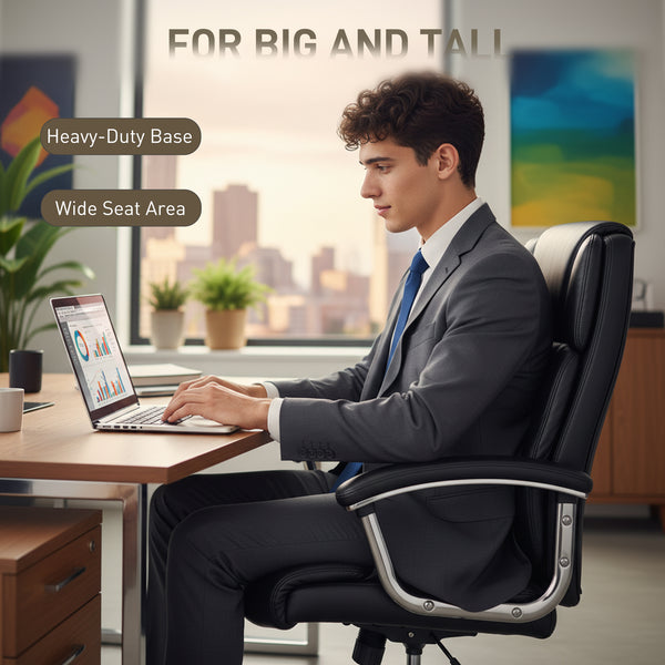 Office chair with spring cushion, faux leather upholstery, black.