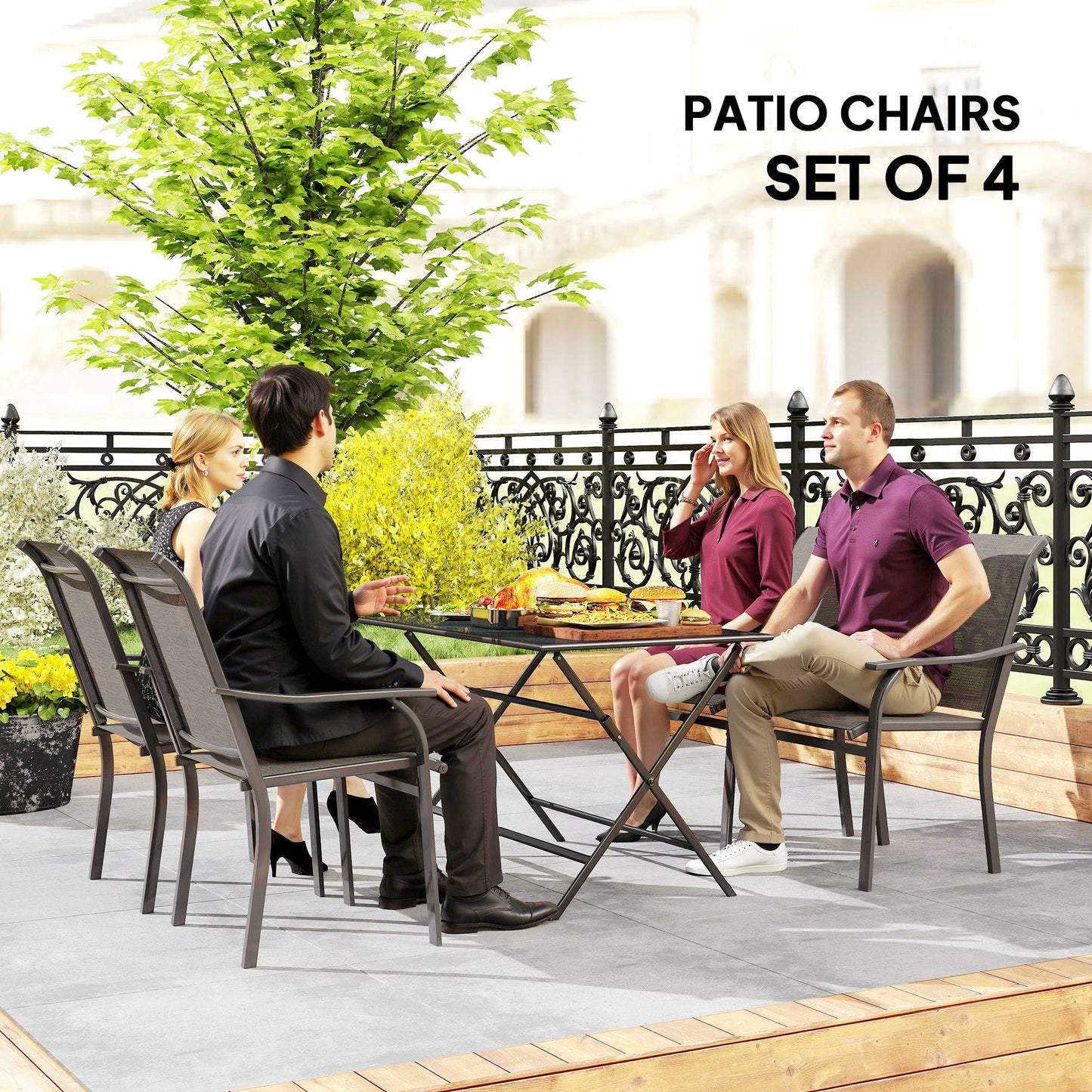 Ensemble de 4 chaises de patio avec accoudoirs et dossier haut, marron